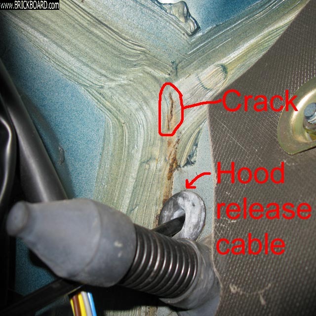 Volvo 200 -- 240 leaking crack by hood release cable