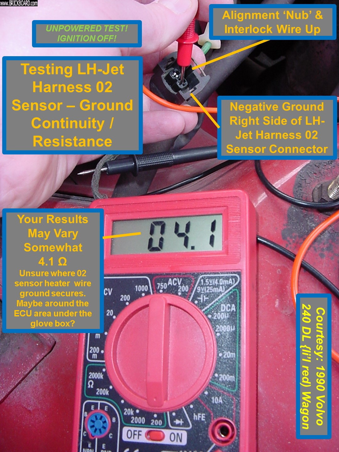 Volvo  -- Testing Volvo 240 02 Sensor 003: Testing 02 Sensor LH-Jet harness Side Continuity / Resistance to Ground (02 Sensor Heater Element Ground on LH-Jet Harness Side)