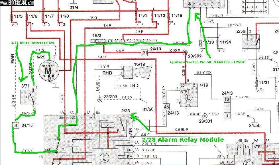 Volvo 850 -- 850 starter circuit- showing 2/28 Alarm Relay 