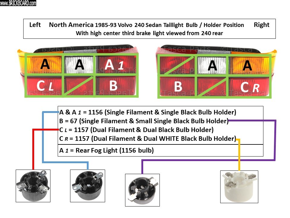 Volvo 200 -- Volvo 1986+ US Market 6-Panel Sedan Taillight Bulb + Holder Position Diagram