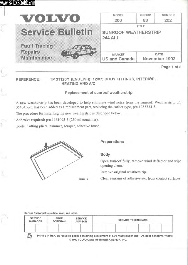 Volvo 200 -- Sunroof Weather Strip 1of 3 pages