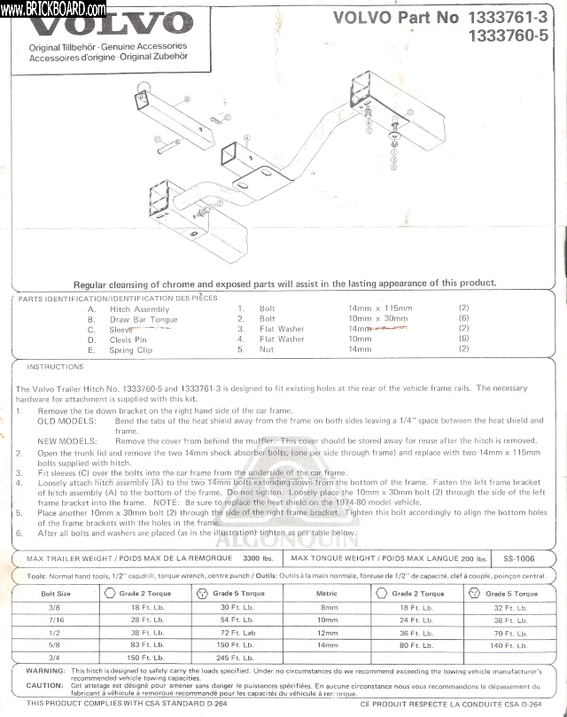 Volvo 200 -- Trailer Hitch Mounting Instructions